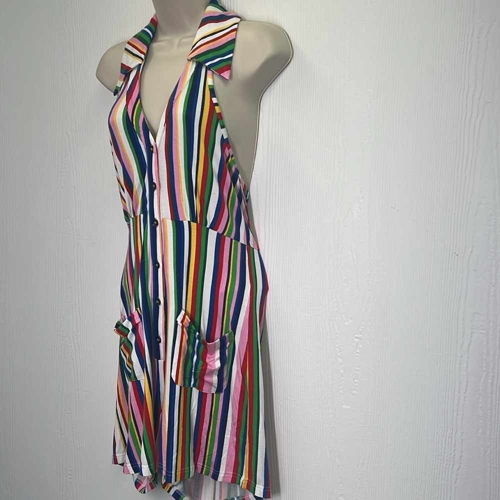 Mod Cloth - Rainbow Stripe Button Down Halter Short Romper Size Medium - Picture 6 of 11